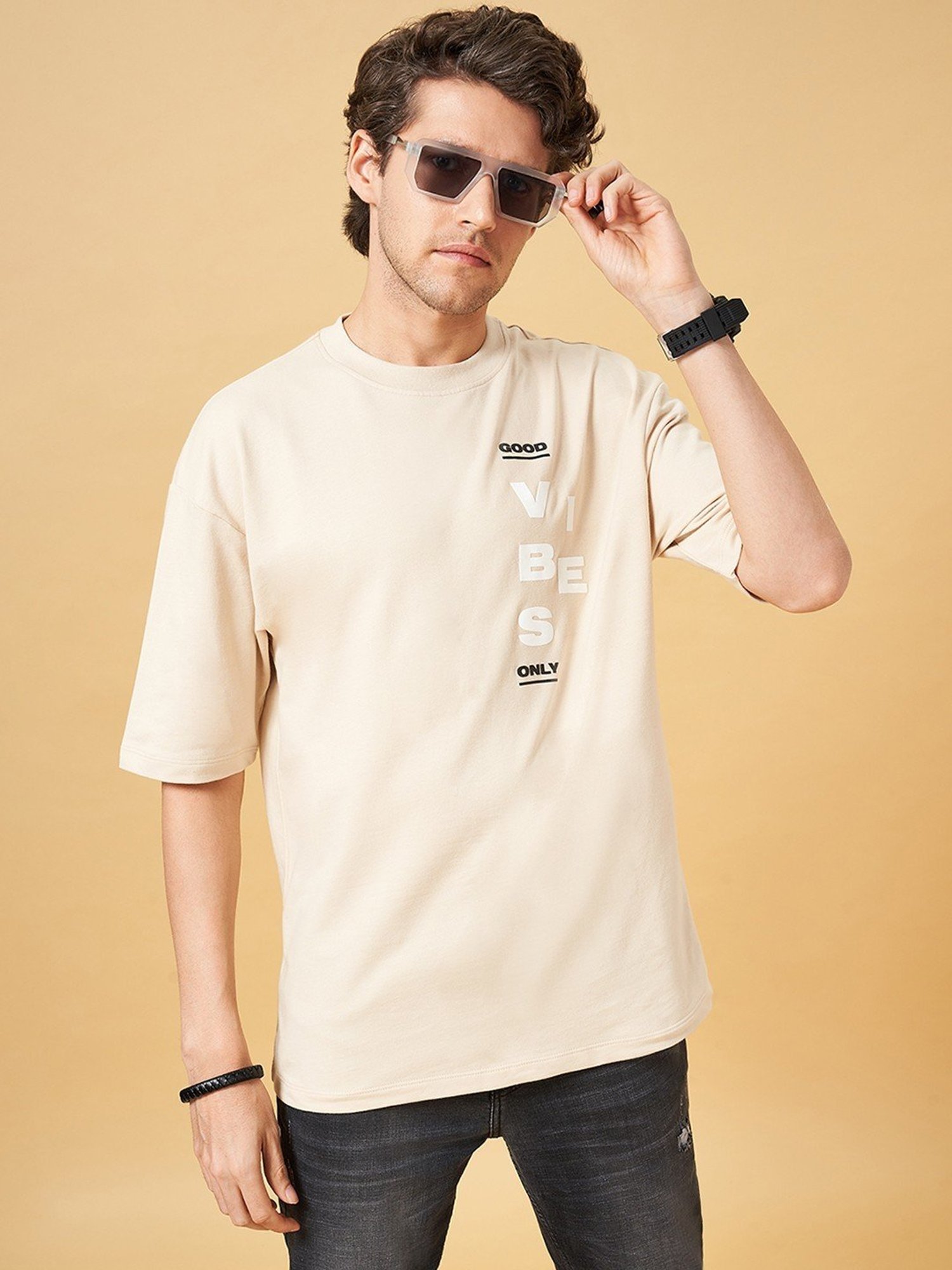 SF Jeans by Pantaloons Beige Cotton Regular Fit Printed T-Shirt