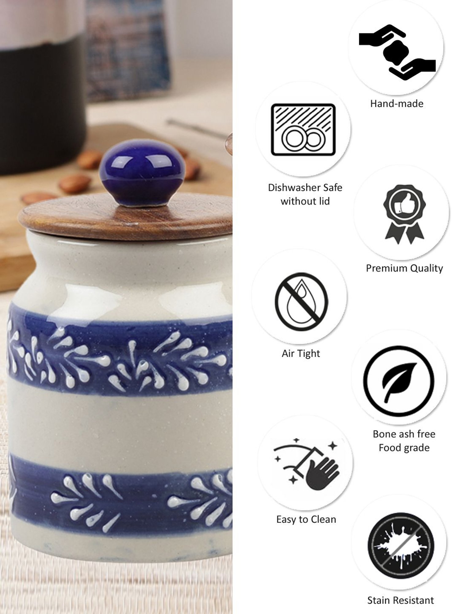 VarEesha Blue Ceramic Jar with Wooden Lid - Set of 2