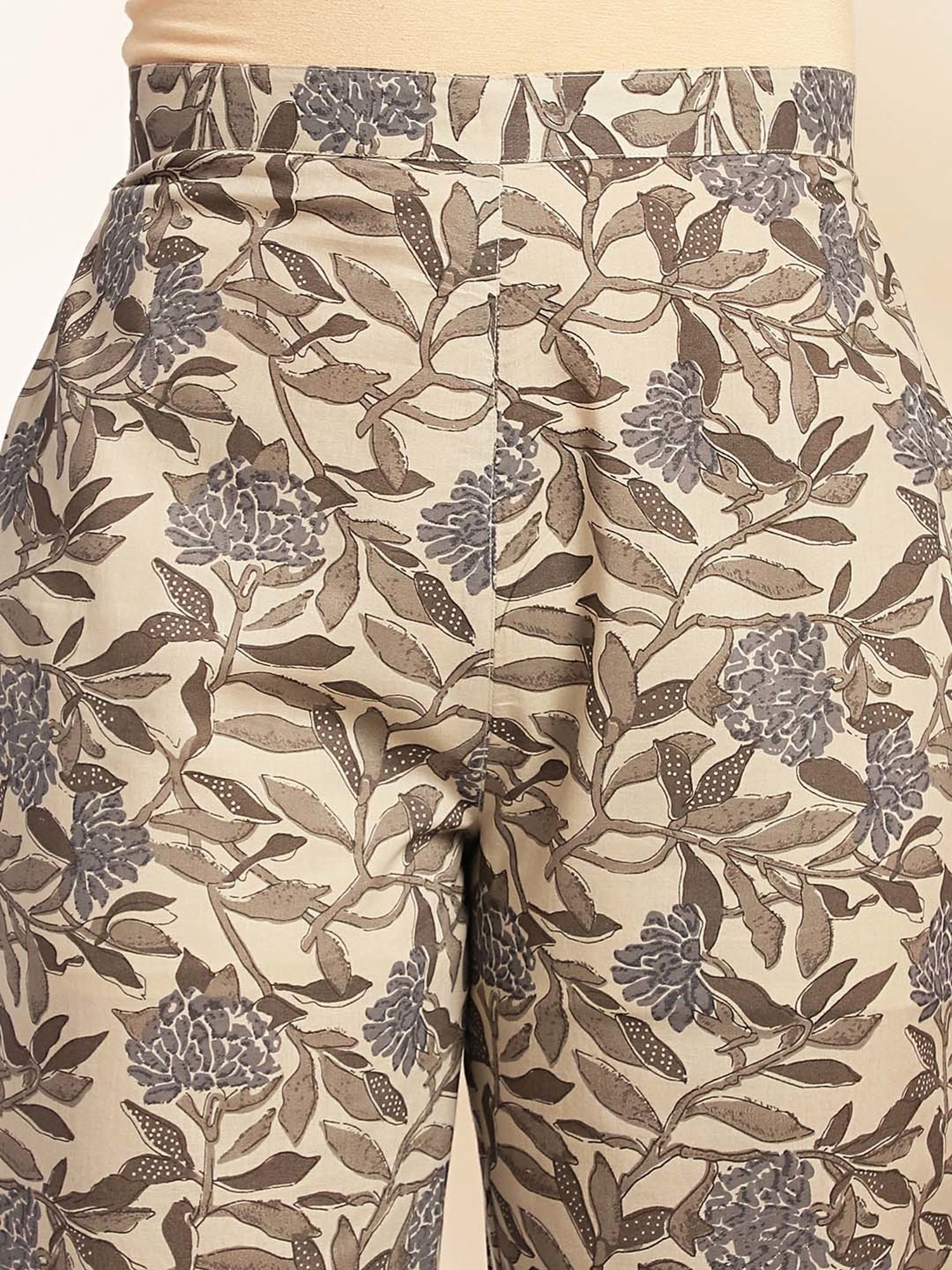 Janasya Beige Cotton Floral Print Top Pant Set