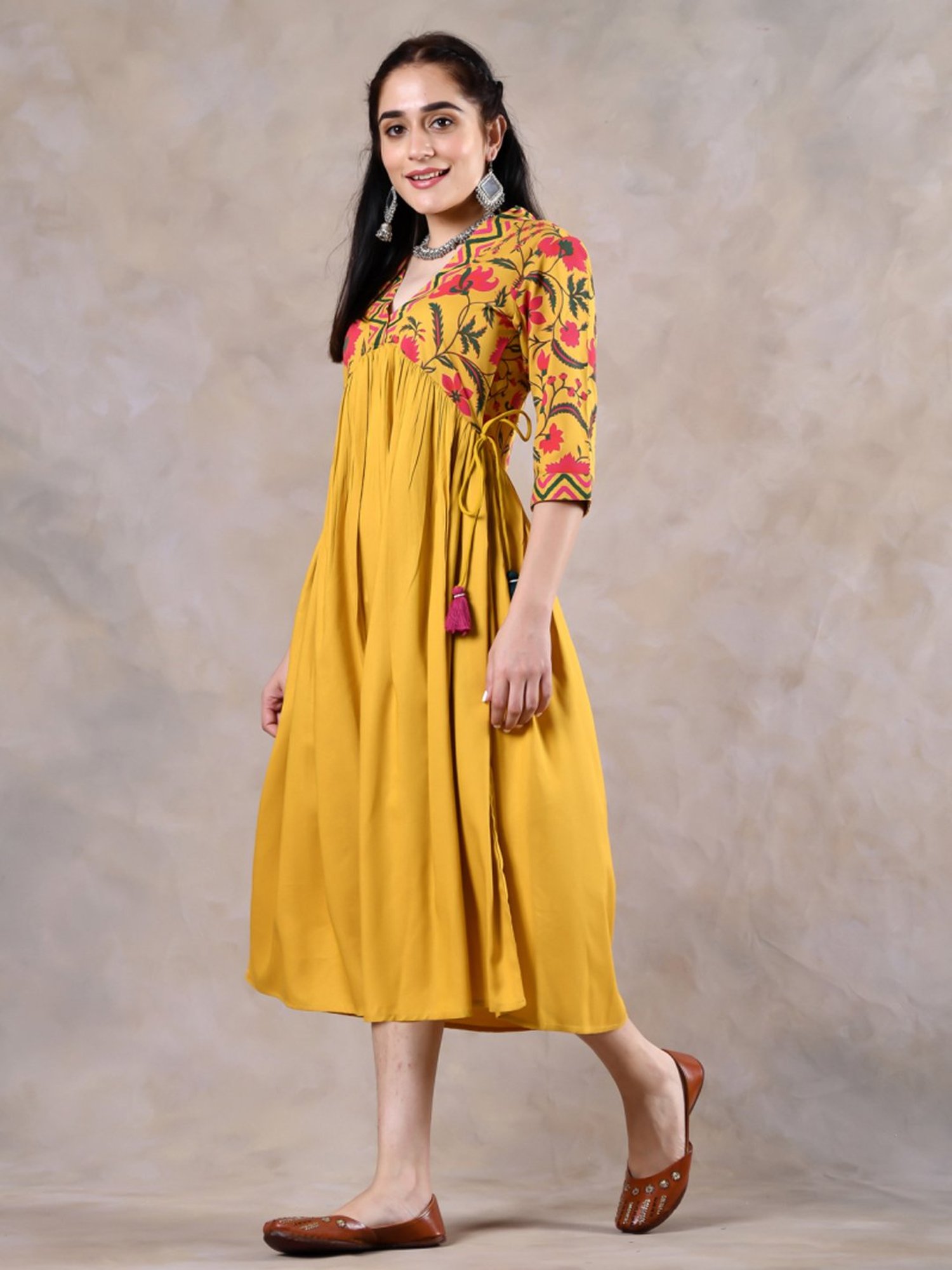 Rustorange Yellow Printed A-Line Dress