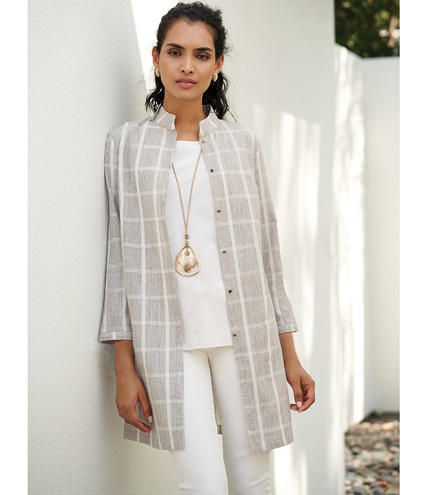 Misook Mandarin Collar Neck Long Sleeve Cotton Window Pane Button Front Top