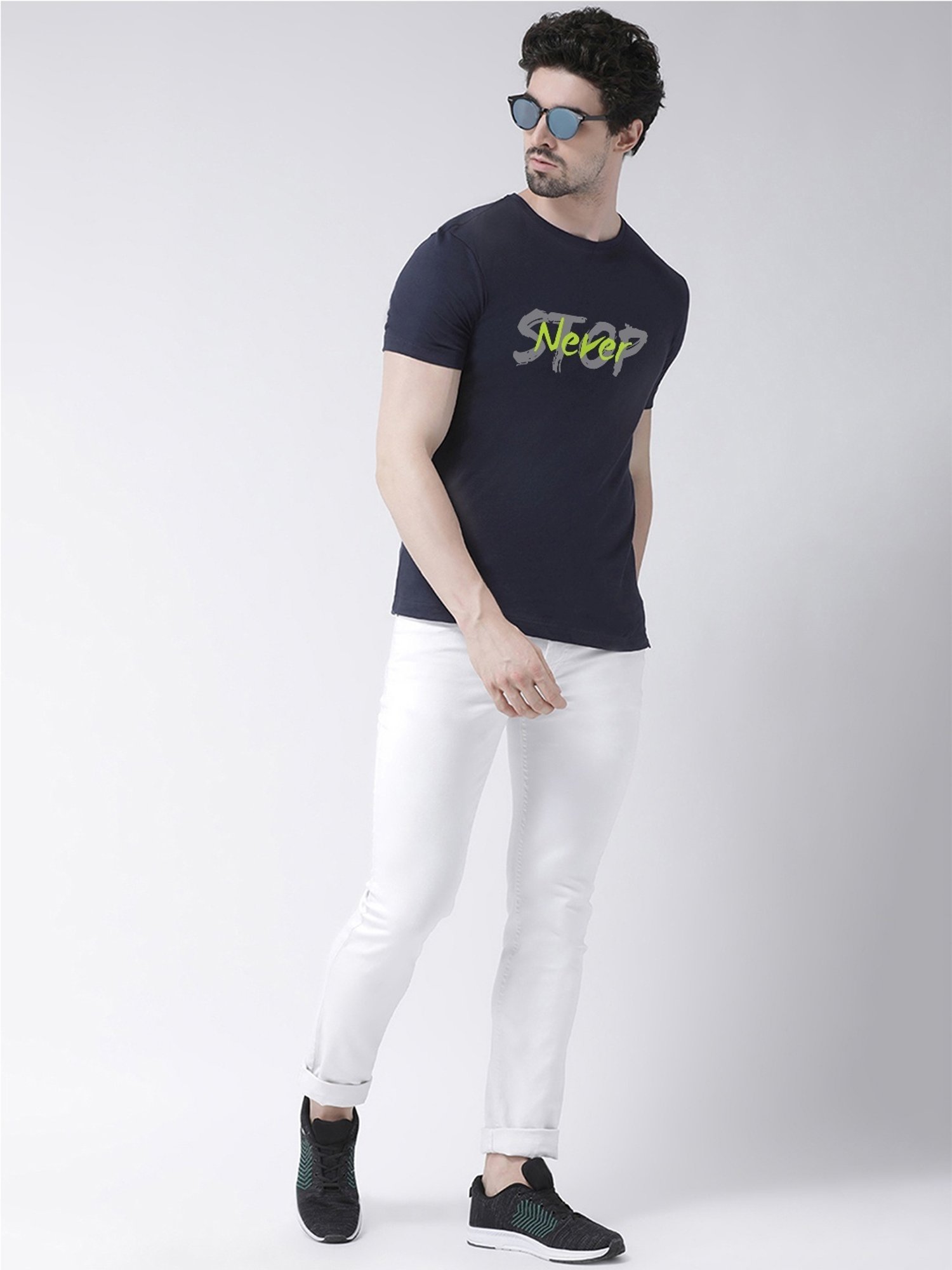 Friskers Navy Blue Cotton Slim Fit Printed T-Shirt
