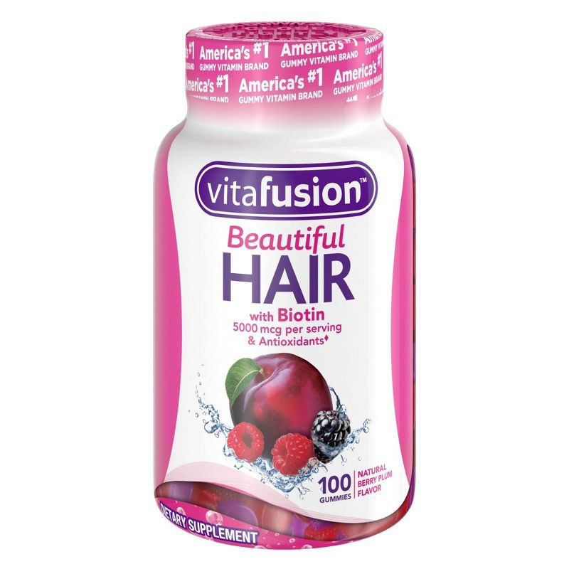 Vitafusion Beautiful Hair Supplement Gummies with Biotin - Natural Berry Plum Flavor - 100ct