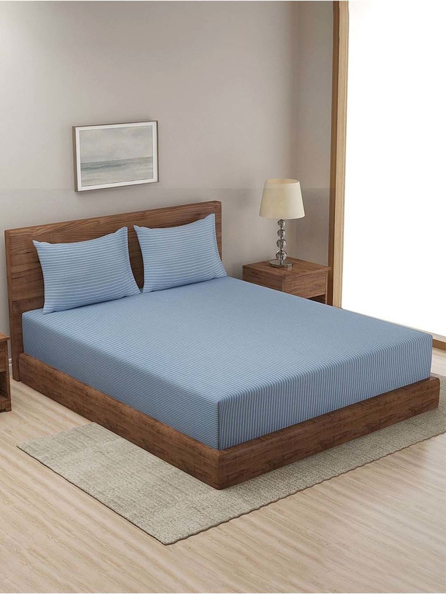 Fabindia Blue Cotton 92 TC Single Bed Sheet With Pillow Cover