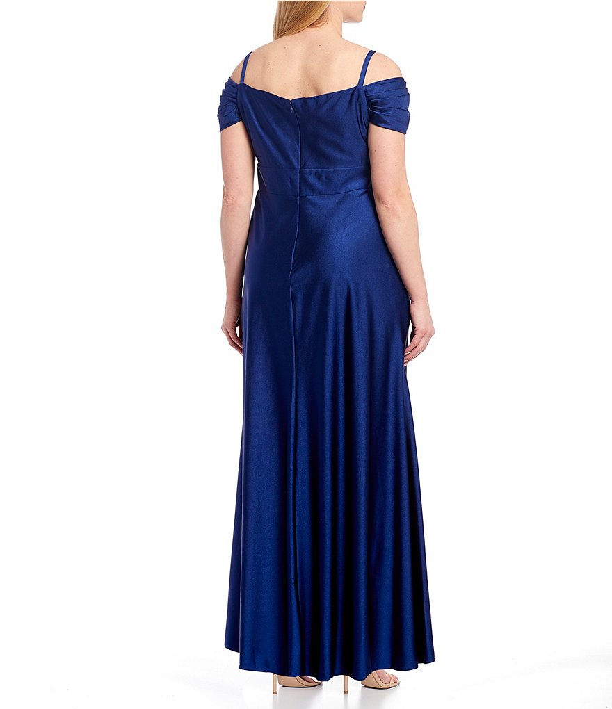 Morgan & Co. Plus Spaghetti Strap Off-the-Shoulder Side Slit Satin Long Dress