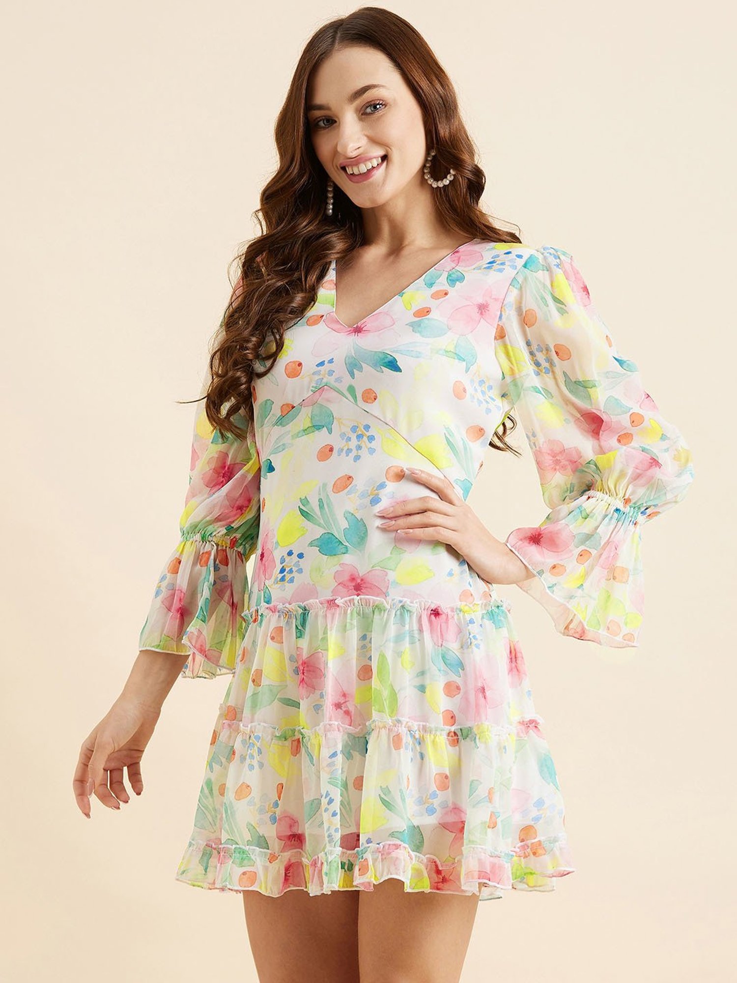 PANIT White Floral Print Ethnic Dress