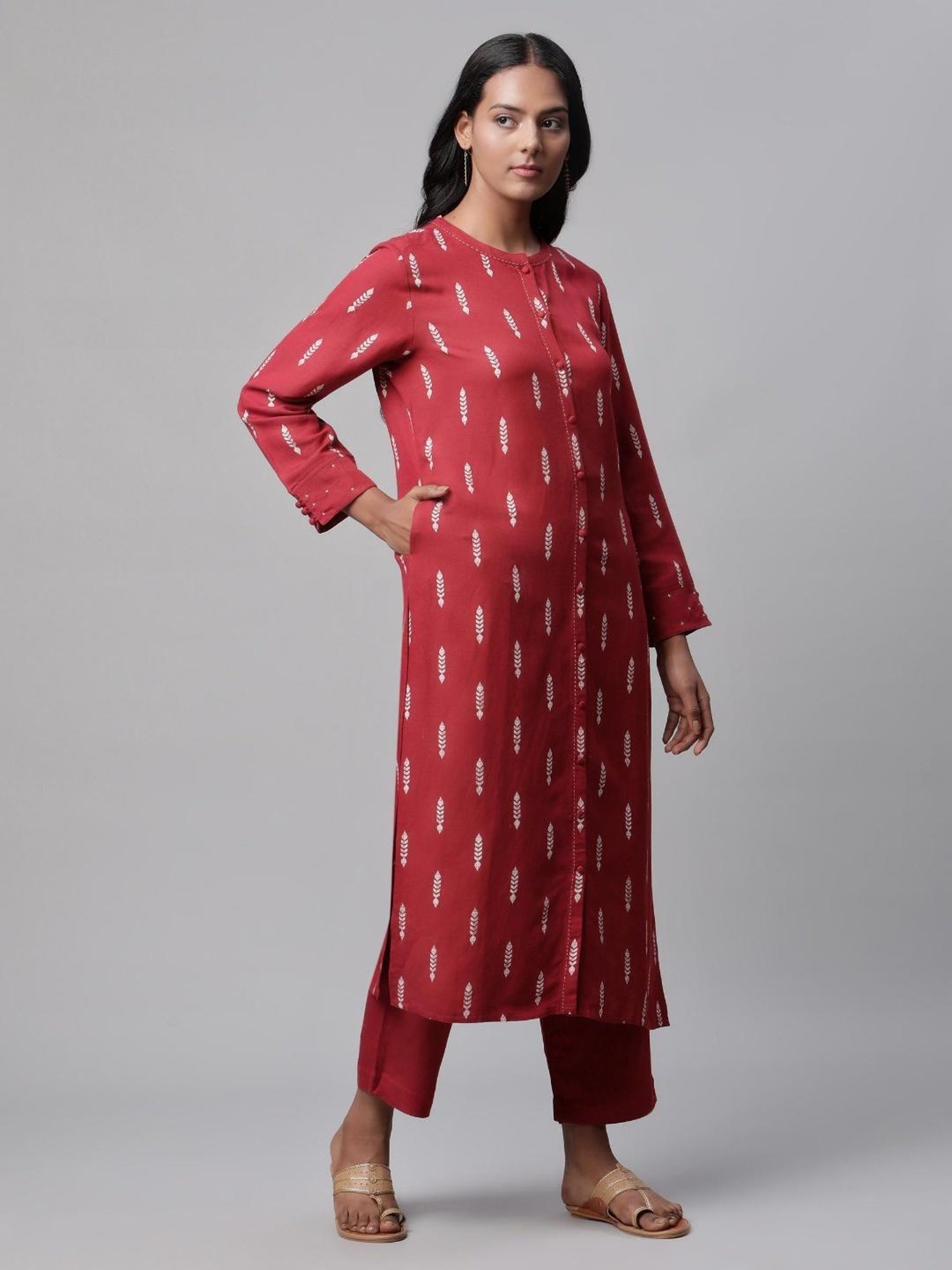 Linen Club Women Maroon Printed Kurta