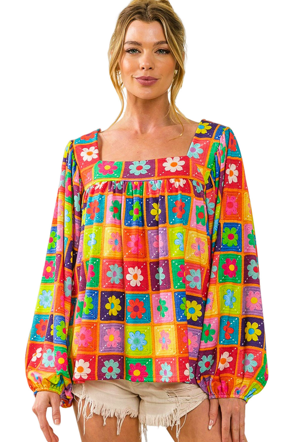 Multicolor 60s Flower Pattern Lantern Sleeve Square Neck Top