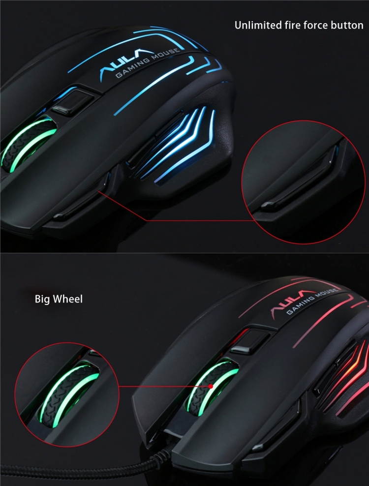 Aula Series Ghost Shark II Colourful Light 7D Optical Competitive USB Wired Game Mouse, Maximum Resolution of 4000 DPI