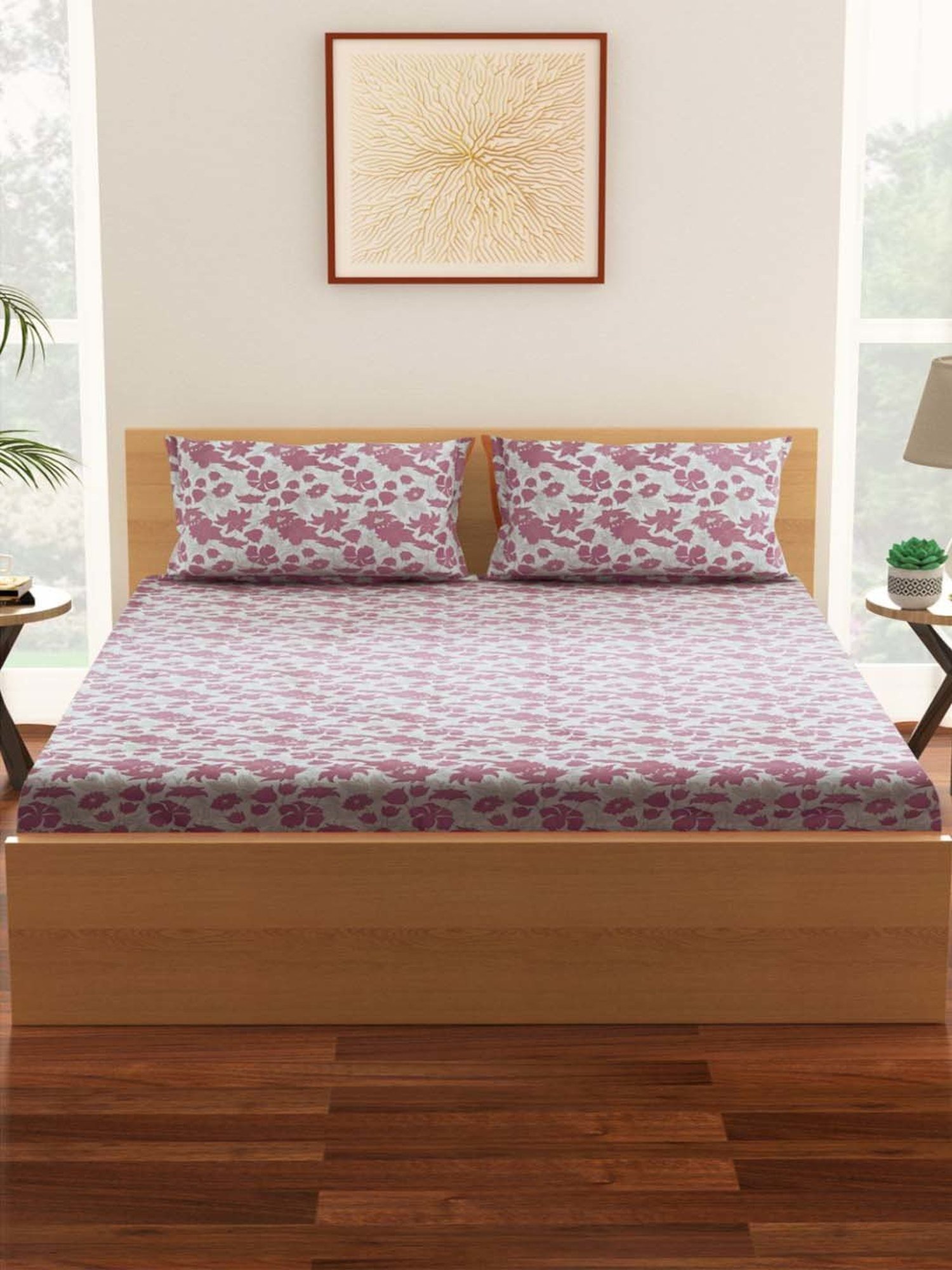 Living Scapes by Pantaloons Pink Cotton 144 TC Queen Bed Sheet with 2 Pillow Covers