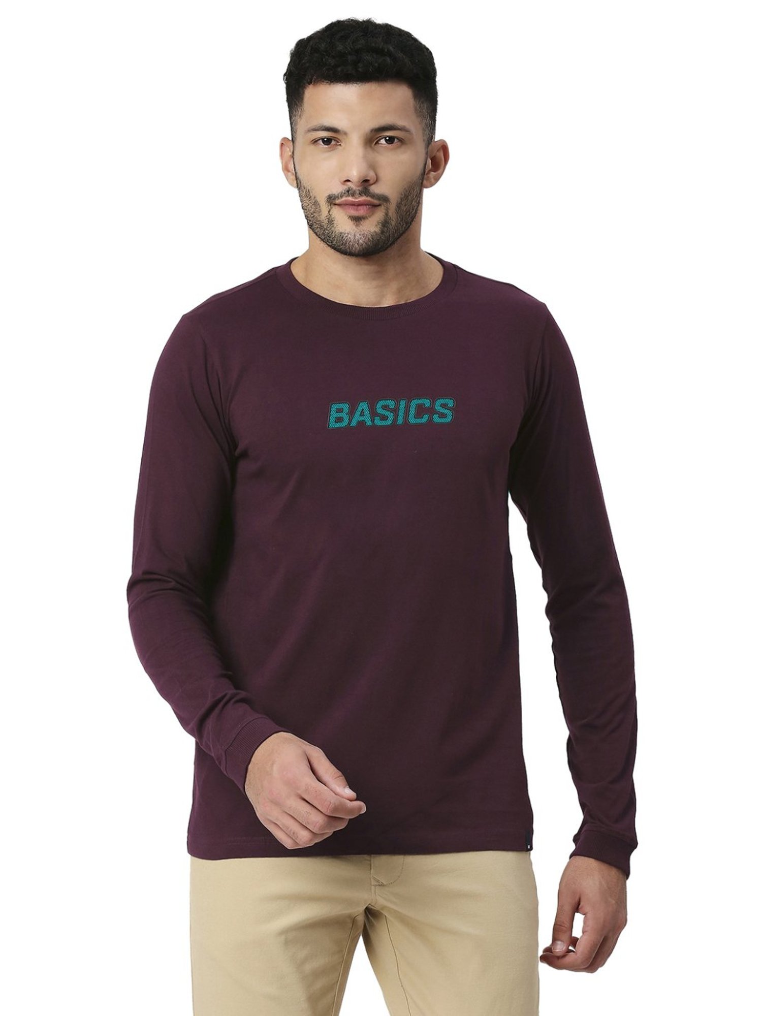 Basics Maroon Slim Fit Printed T-Shirt