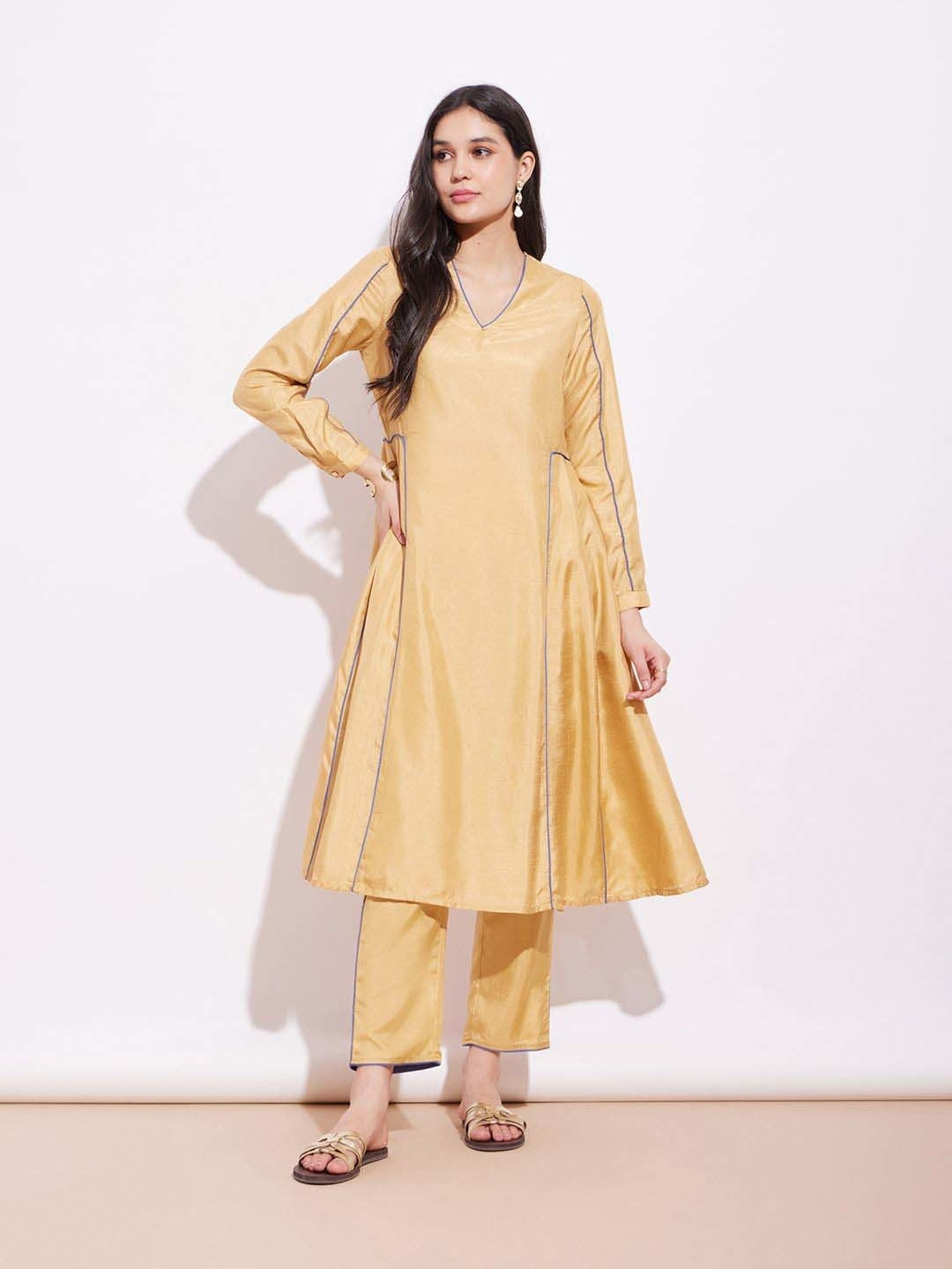 Pink Fort Beige Plain Kurta Pant Set