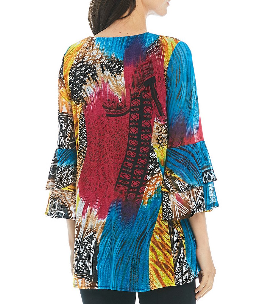 Ali Miles Petite Size Long Roll-Tab Sleeve Round V-Neck Pucker Knit Asymmetrical Tunic