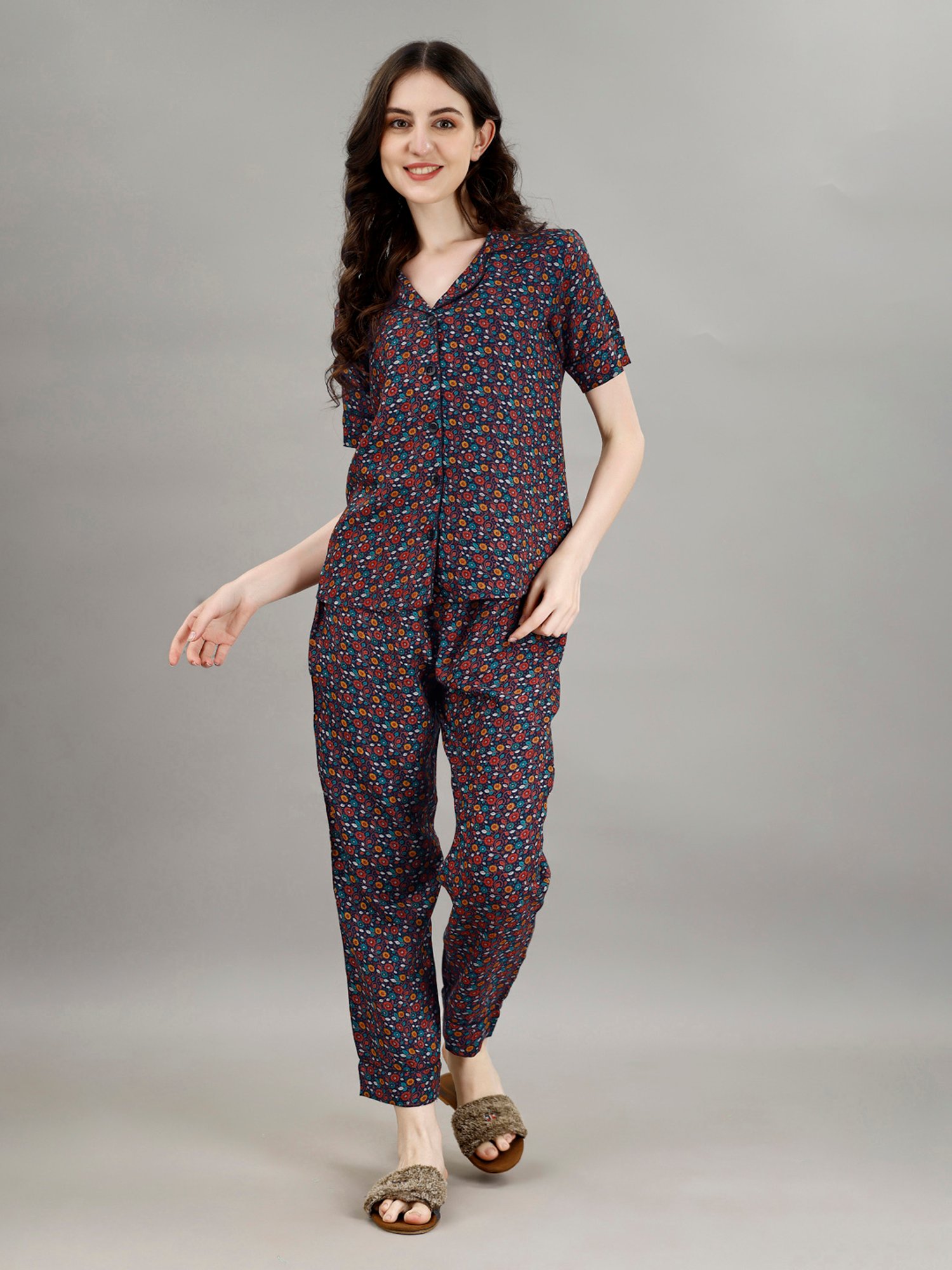 Smarty Pants Navy Floral Print Shirt With Pyjamas