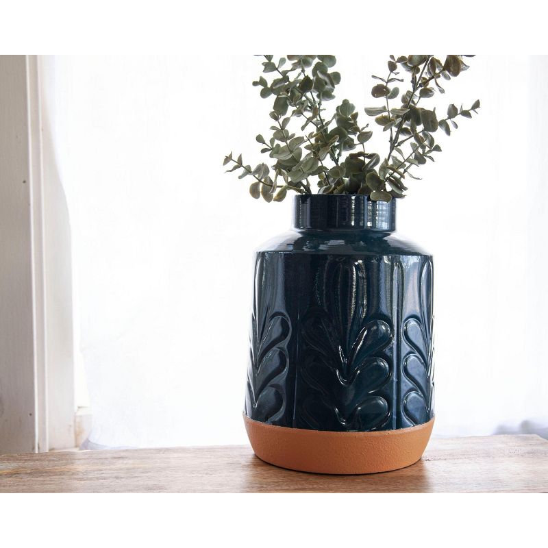 Blue Lacquered Metal Decorative Vase with Faux Terracotta Base - Foreside Home & Garden