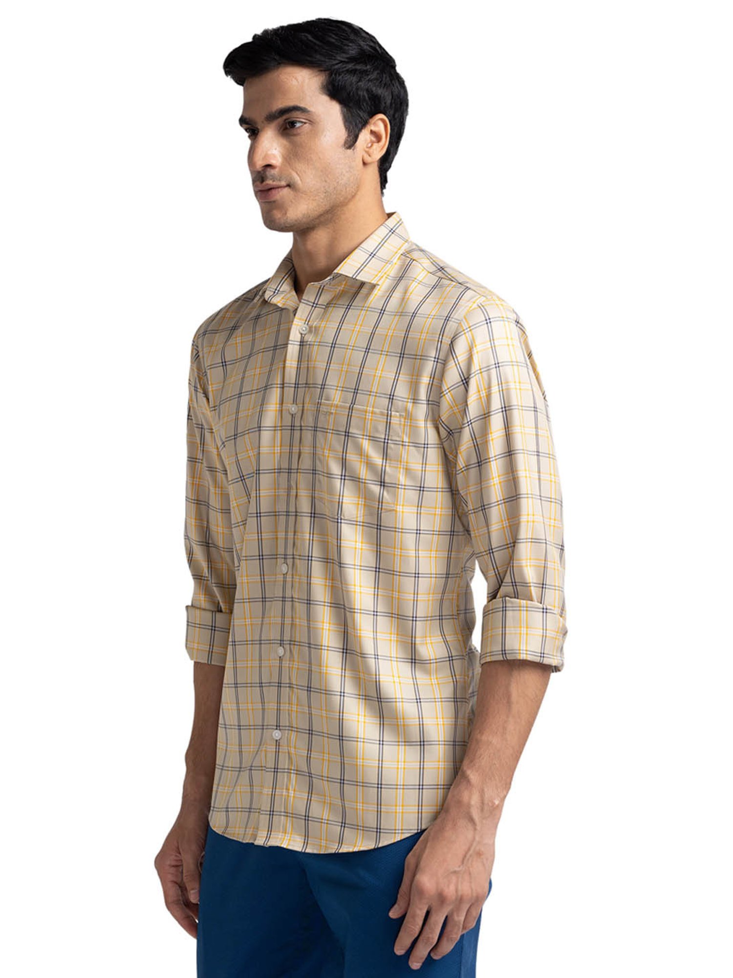 ColorPlus Beige Cotton Tailored Fit Checks Shirt