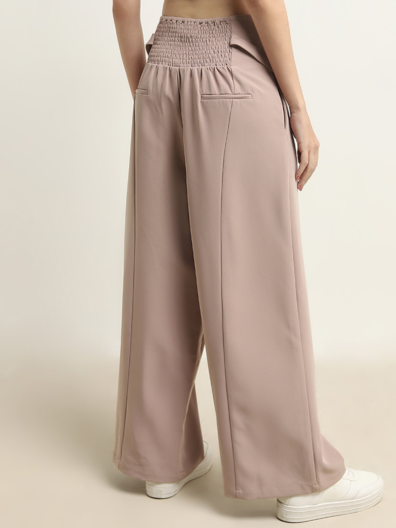 Nuon by Westside Taupe High-Rise Flared Trousers