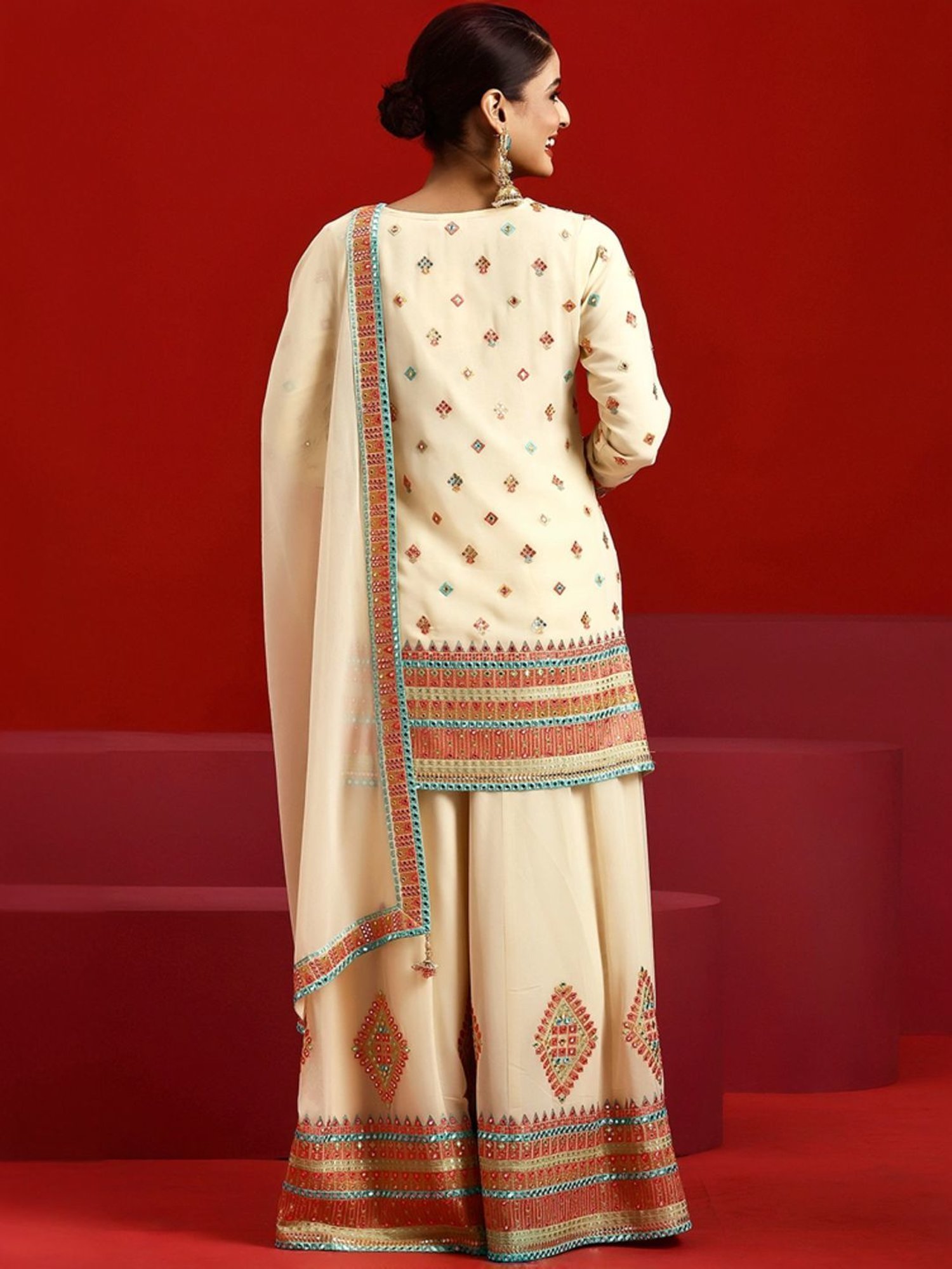 Libas Art Beige Embroidered Kurti Palazzo Set With Dupatta