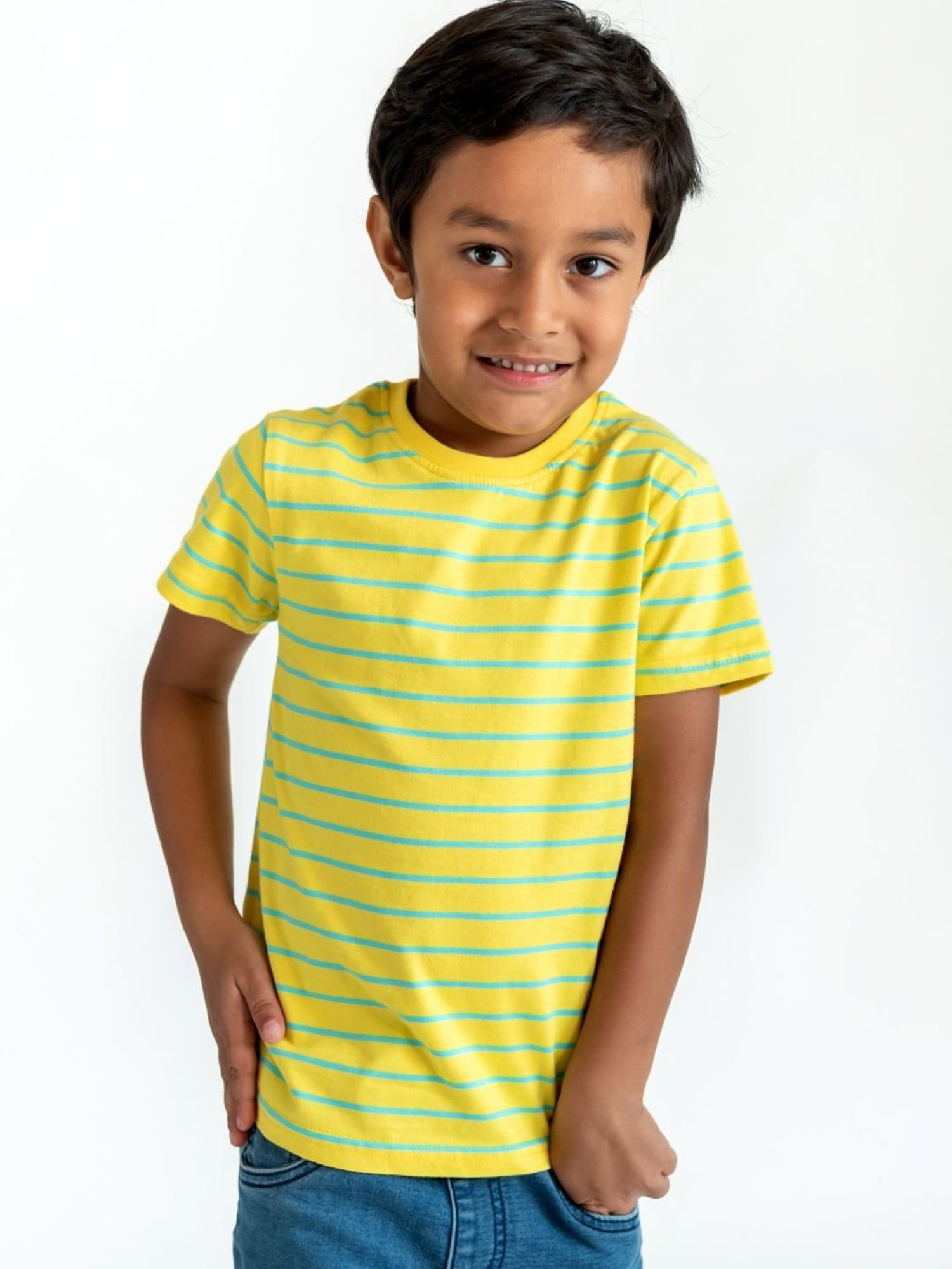Campana Kids Yellow & Turquoise Blue Cotton Striped T-Shirt