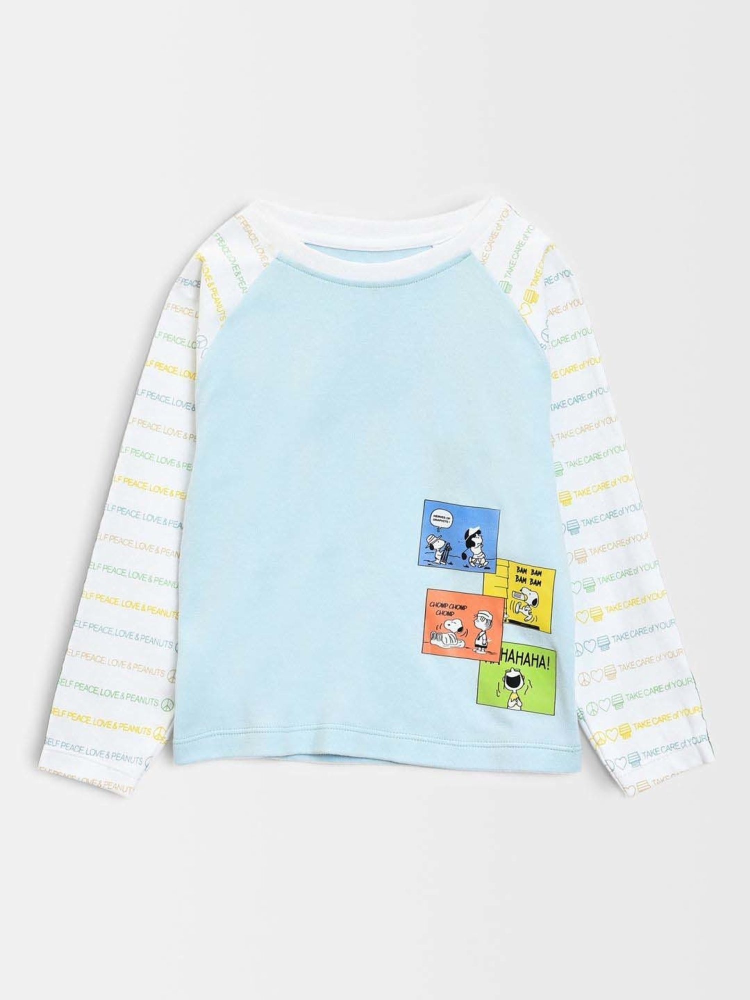 MiArcus Kids PEANUTS JUGGLE Sky Blue & White Cotton Printed Full Sleeves T-Shirt