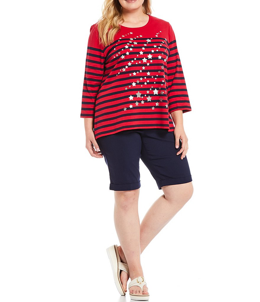 Allison Daley Plus Size Stripe Print 3/4 Sleeve Round Neck Top