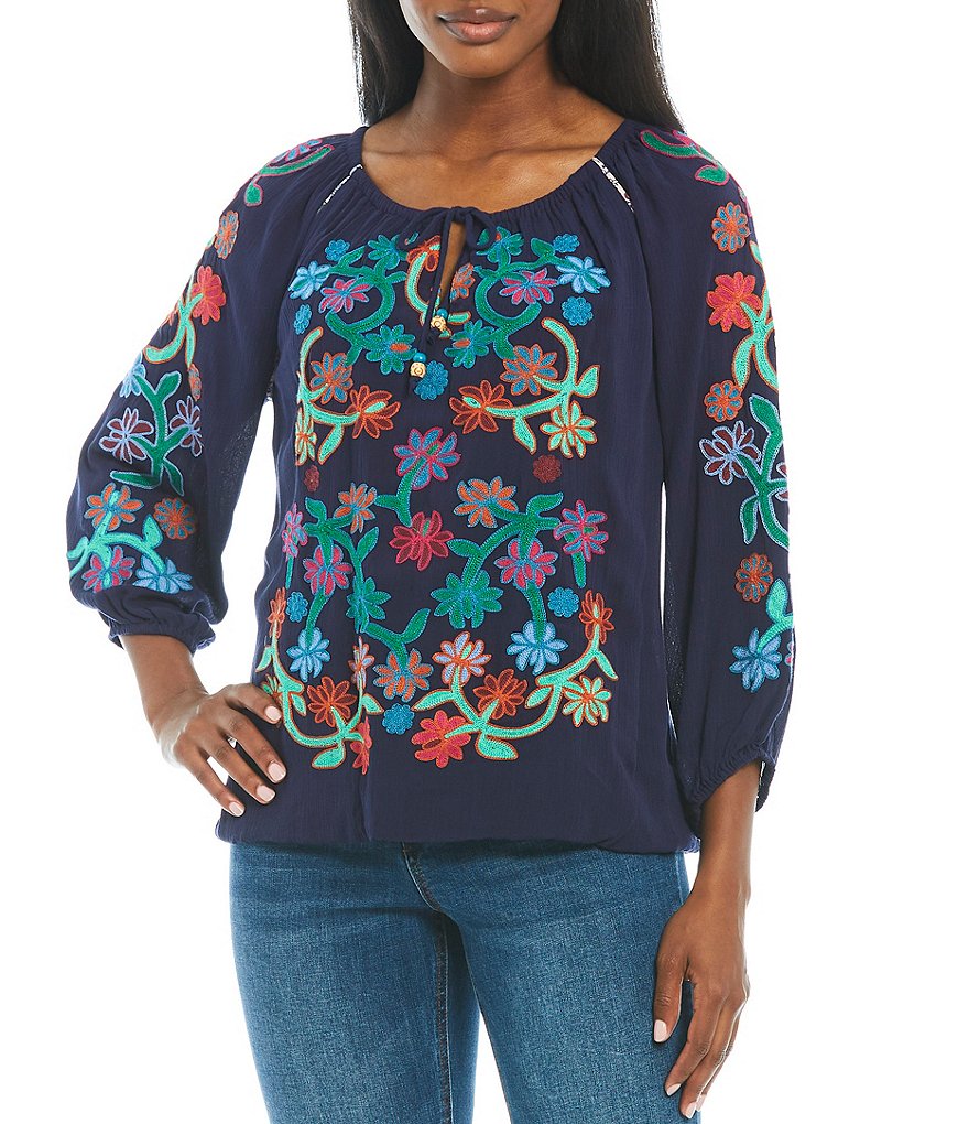 John Mark Gathered Waist Embroidered 3/4 Sleeve Peasant Top