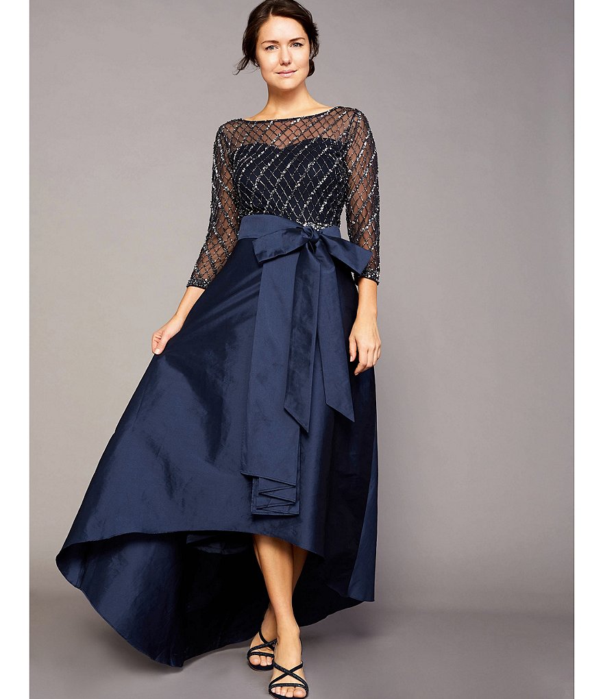 Pisarro Nights Beaded Bodice 3/4 Sleeve Tie Waist Hi-Low Taffeta Ball Gown