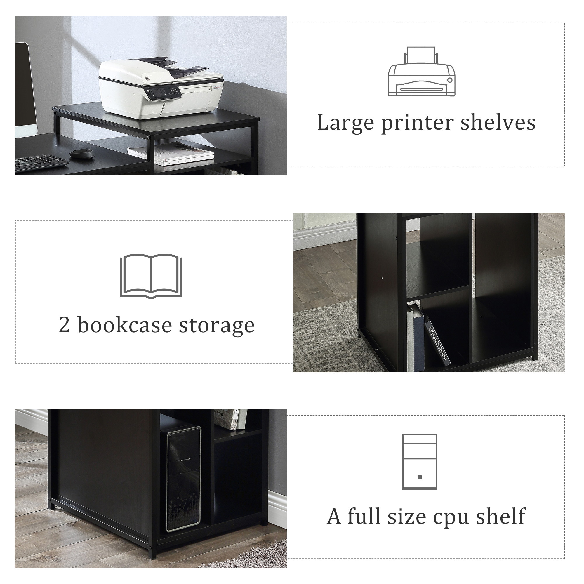 Home Office Computer Desk Writing PC Table Gaming Desk with Storage Shelf CPU storage space and Printer Stand Space Saving Design