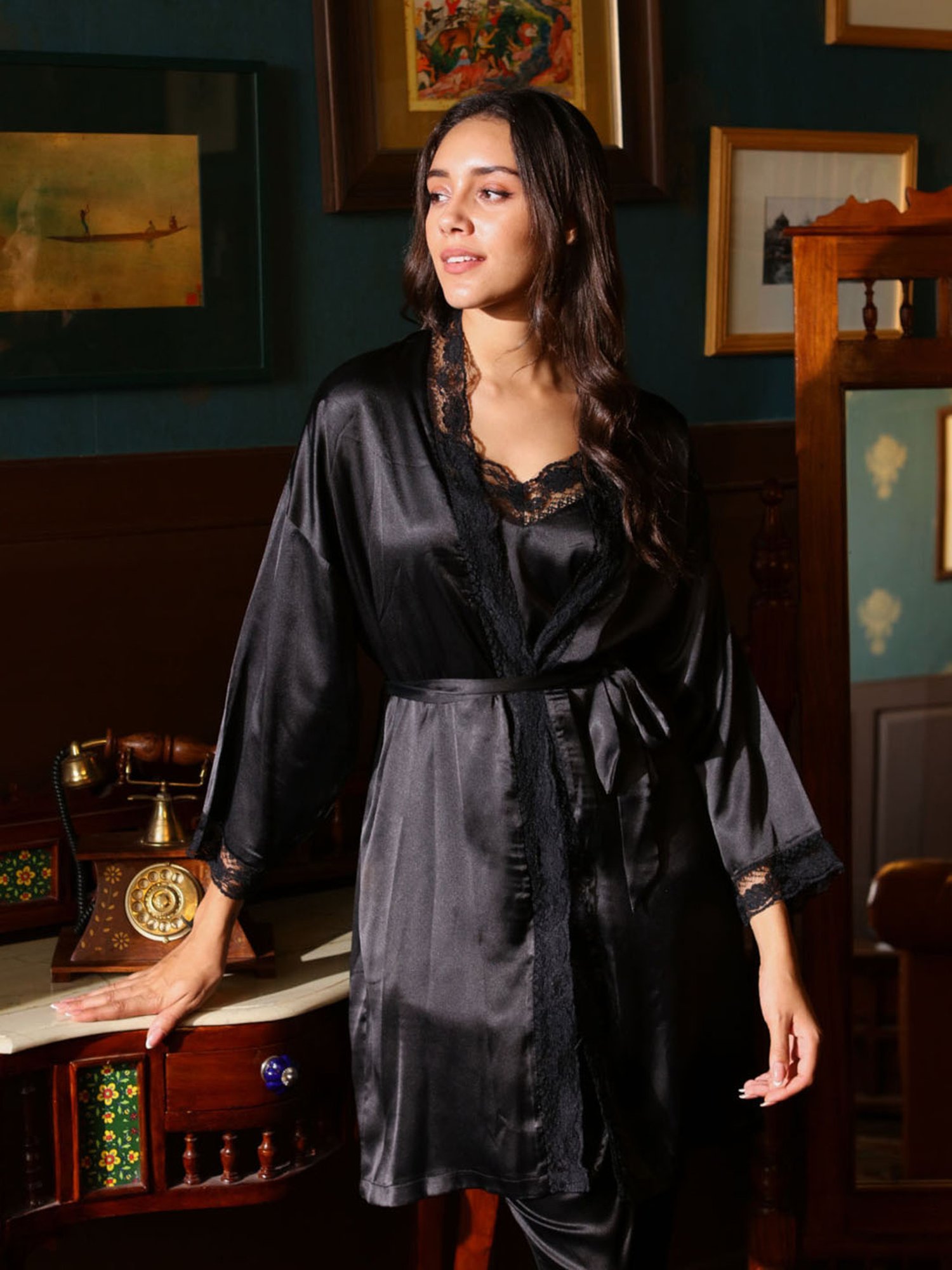 Dusk Attire Black Smooth Smoke Satin 3 Piece Robe & Cami Pyjama Set
