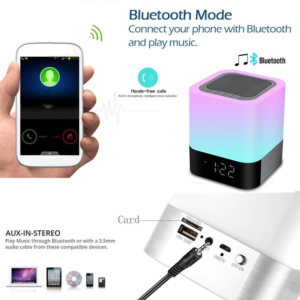 Alarm Clock Bluetooth Speaker,Night Light Bluetooth Speaker,Color Changing Speaker,Touch Sensor Bedside Lamp Dimmable Warm Light,Night Light Wireless Speaker,Ideal for Kids,Party,Bedroom,Camping