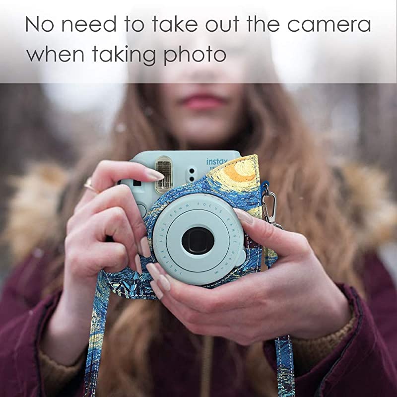 Protective Case Compatible with Fujifilm Instax Mini 8 Mini 8+ Mini 9 Instant Camera Premium Vegan Leather Bag Cover with Removable Strap Starry Night