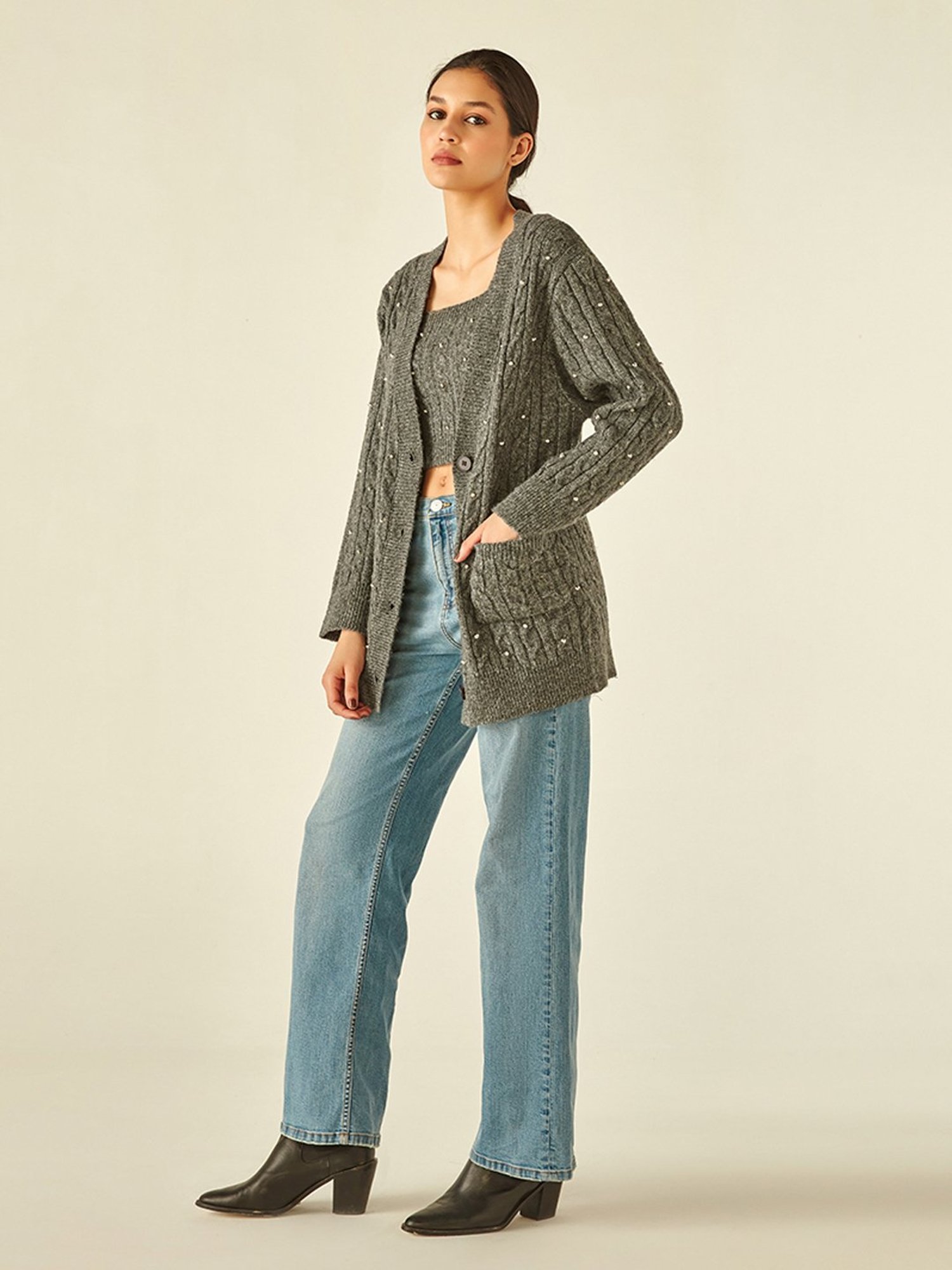 Cover Story Grey Embellished Cardigan