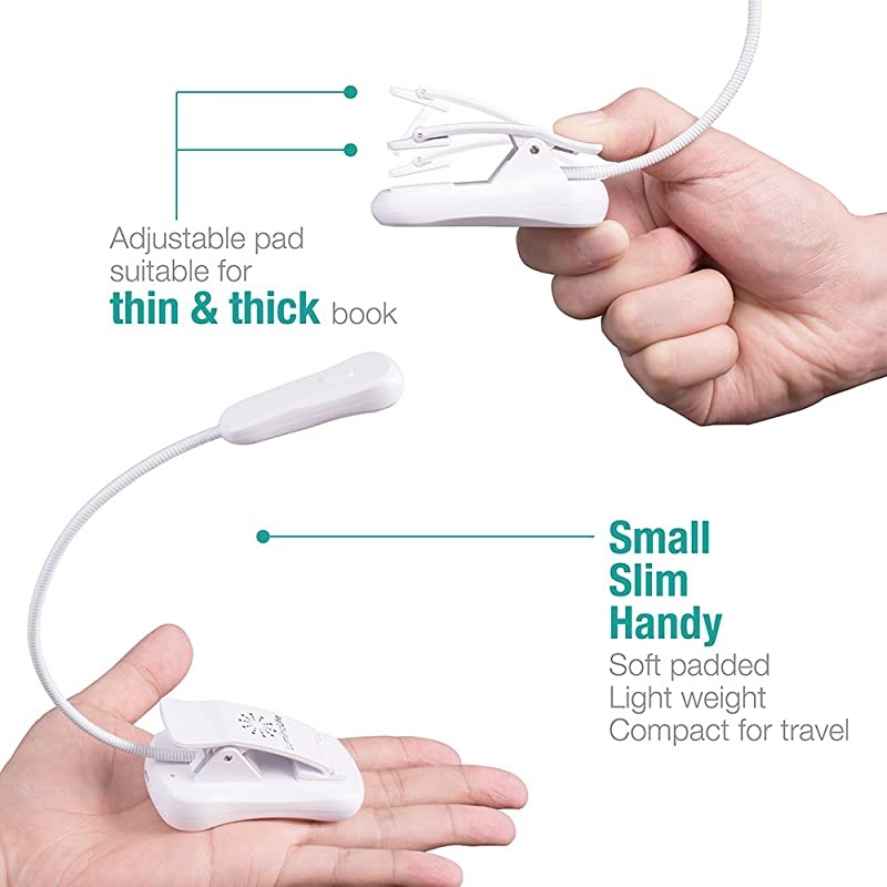 BK07 3000K Warm LED Easy for Eyes Clip Car amp Travel Rechargeable Slim 21 oz Weight Perfect for Bookworms Book Light for Reading in Bed White