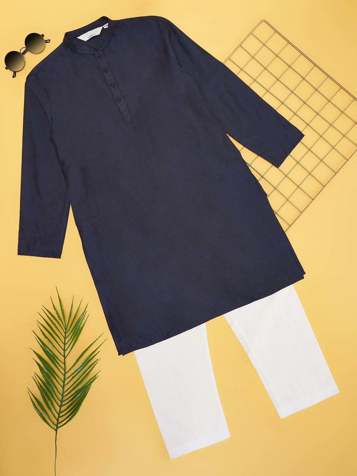 Indus Route by Pantaloons Boys Midnight Navy Solid Full Sleeves Kurta Sets