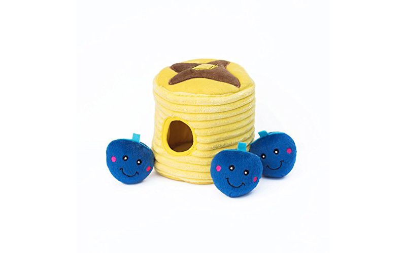 ZippyPaws - Food Buddies Burrow, Interactive Squeaky Hide and Seek Plush Dog Toy - Blueberry Pancakes