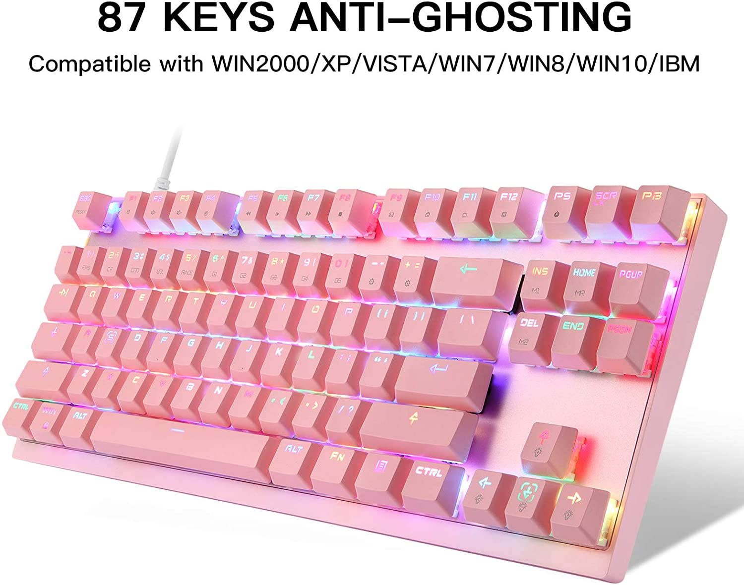 MOTOSPEED Professional Gaming Mechanical Keyboard RGB Rainbow Backlit 87 Keys Illuminated Computer USB Gaming Keyboard for Mac & PC Pink(Pink Keyboard Blue Switch)