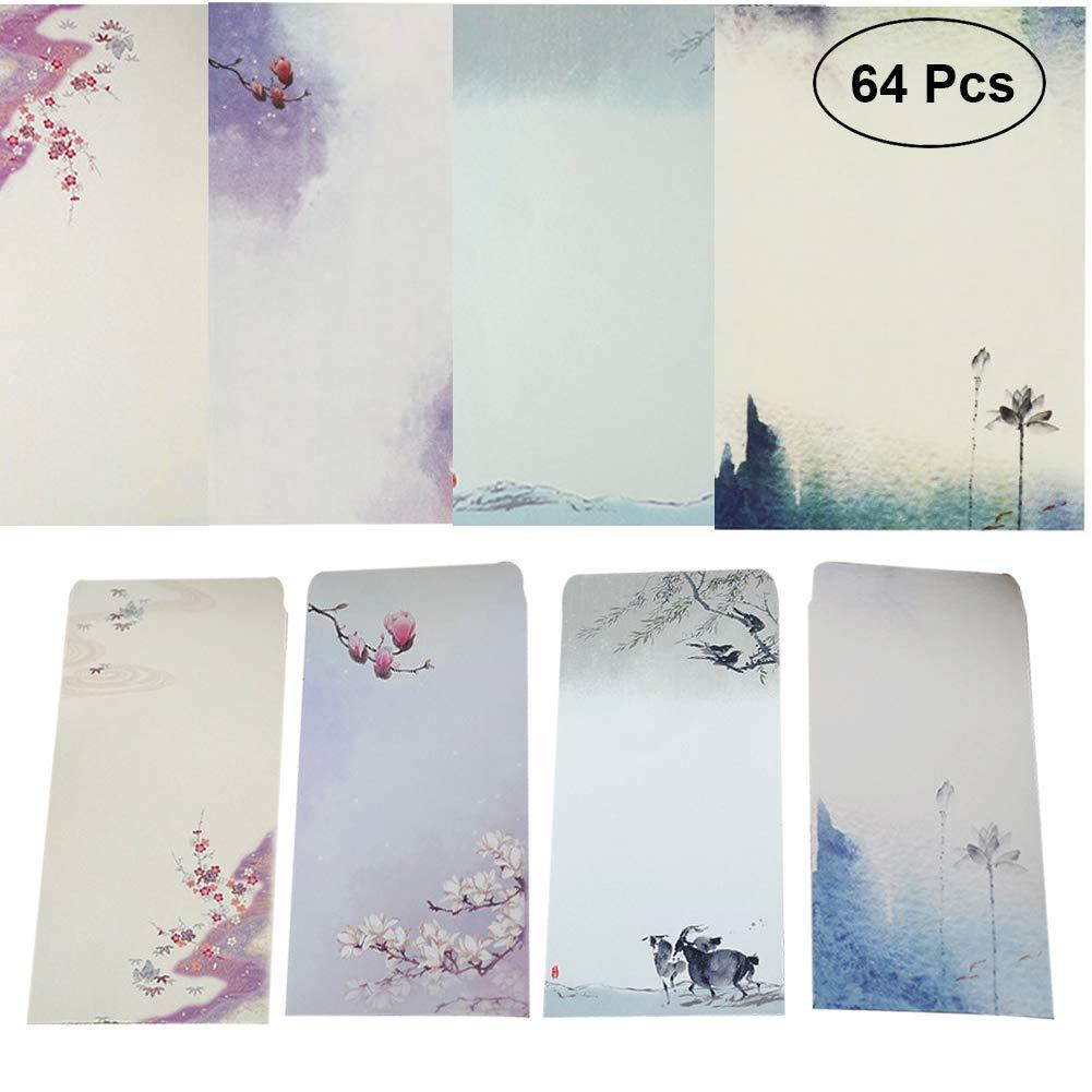 Letter Writing Stationery Paper and Envelopes Set, Ink Painting Design Assorted Color (32 Pcs Stationery Paper + 32 Pcs Envelopes)