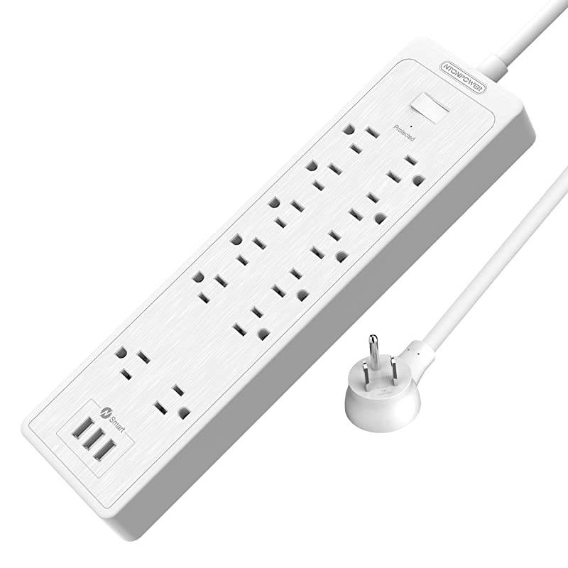 Power Strip with USB,  Flat Plug Surge Protector, 10 Ft Extension Cord ,12 Outlets and 3 USB Ports, 2100 Joules,1875W/15A, Wall Mount for Home Office Accessories, White