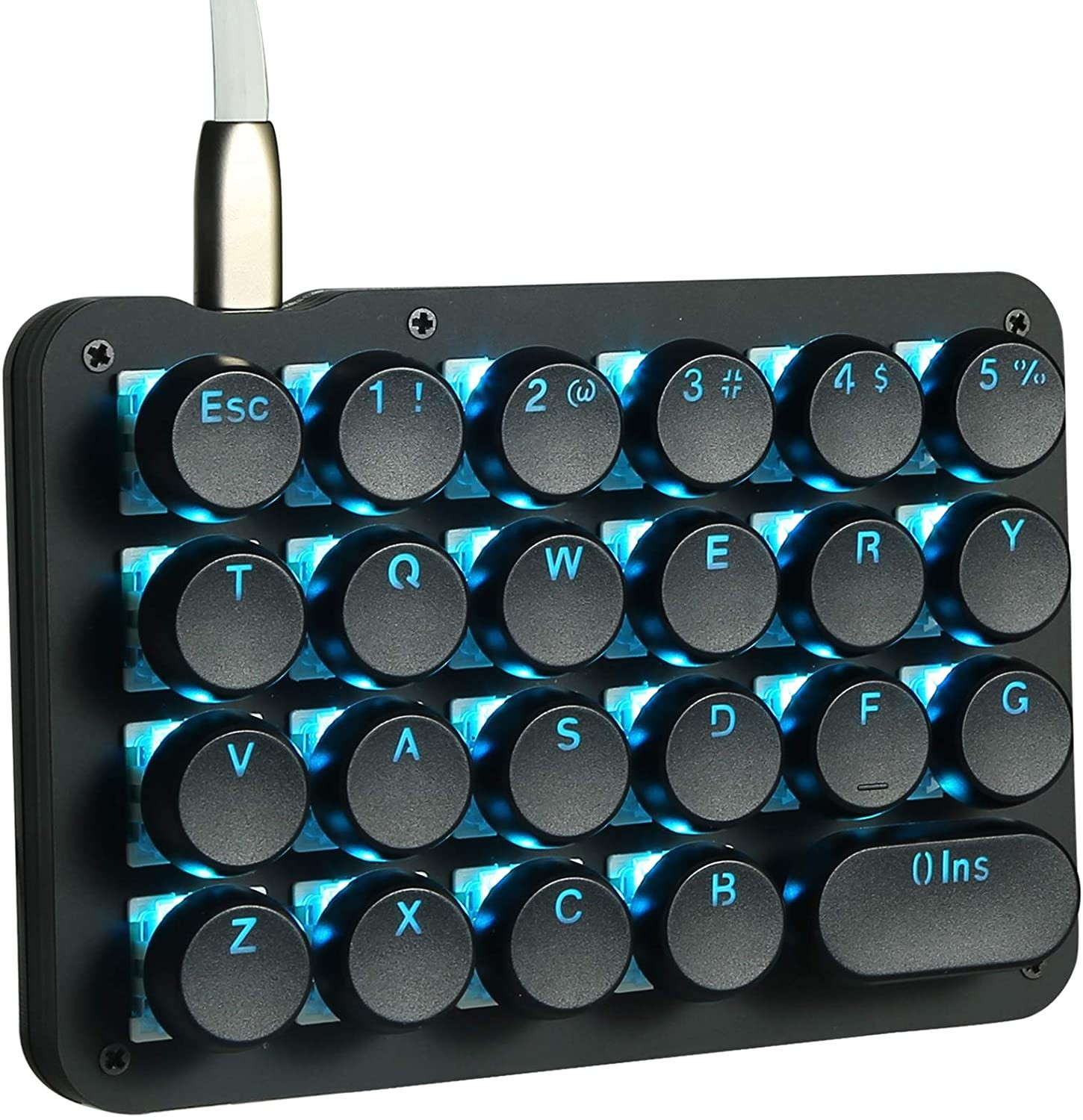 Koolertron One Handed Macro Mechanical Keyboard,Blue LED Backlit Portable Mini One-Handed Mechanical Gaming Keypad 23 Fully Programmable Keys Red Switches with Retro Classic Typewriter Round Keycaps