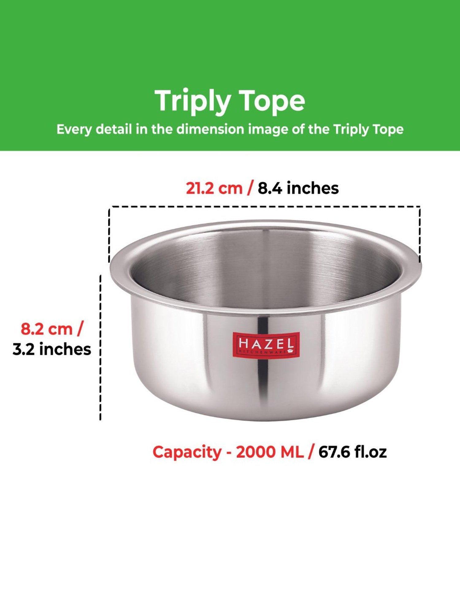 HAZEL Triply Stainless Steel Induction Bottom Tope, 2.3 Litre, 18.5 cm