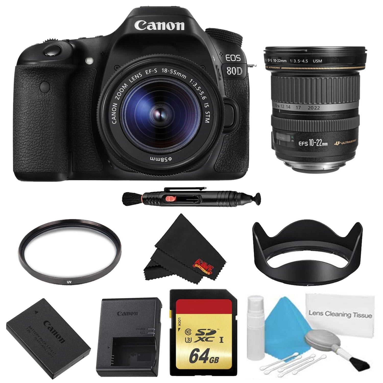 Canon EOS 80D DSLR Camera with 18-55mm Lens Bundle w/ Memory Kit + 10-22mm Lens (Intl Model)