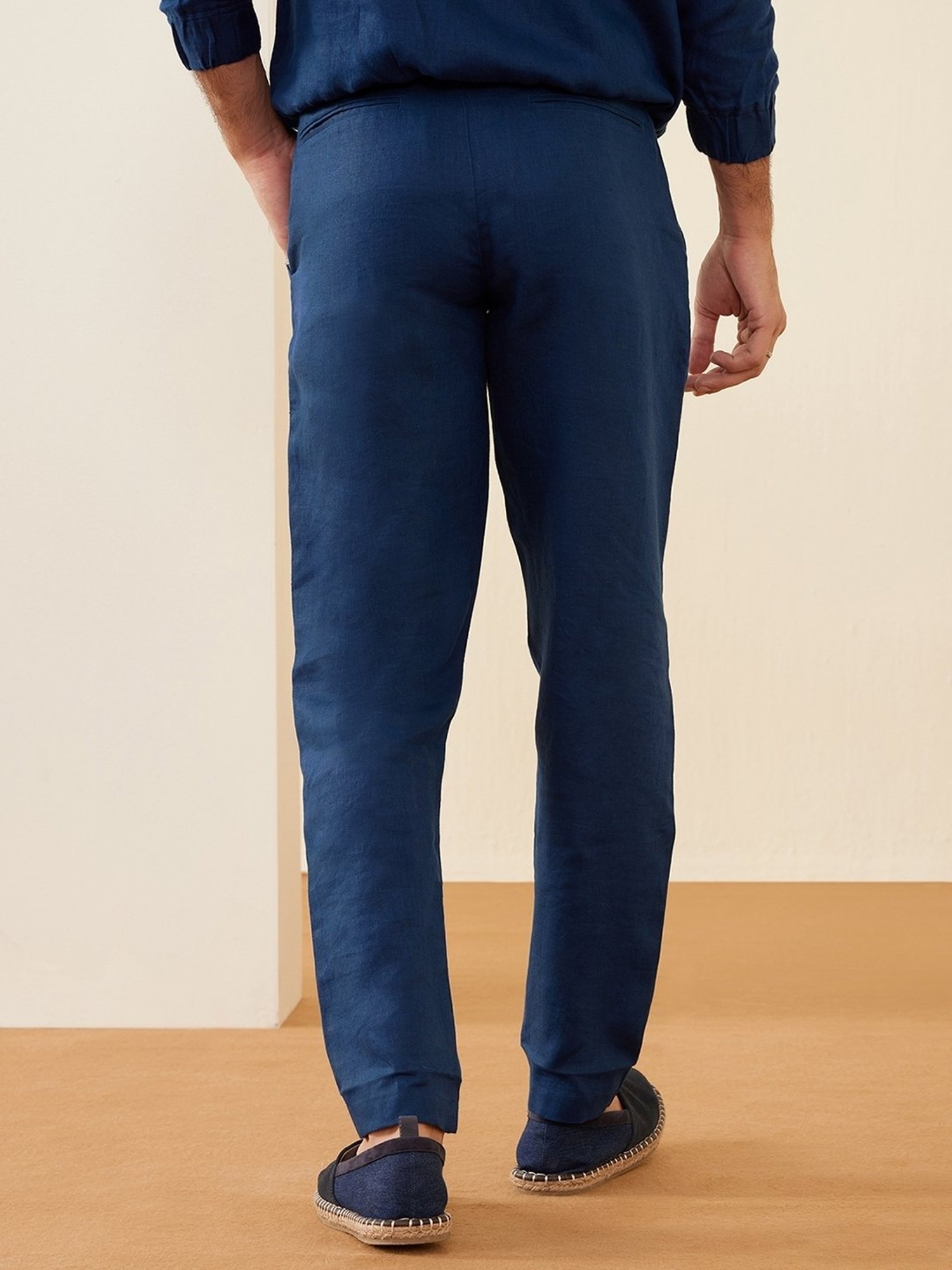 Andamen Navy Linen Regular Fit Solid Trousers