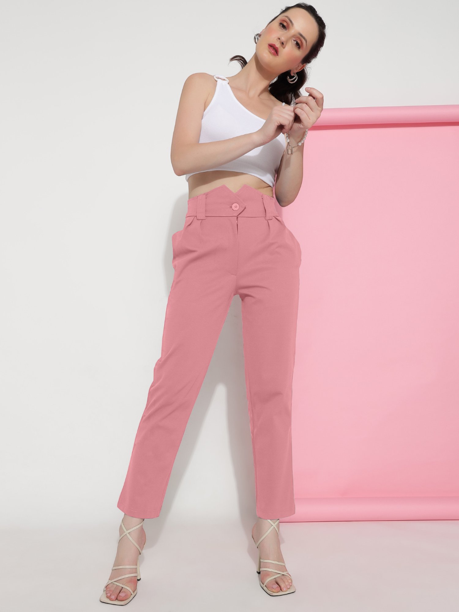 FITHUB Peach Regular Fit High Rise Trousers