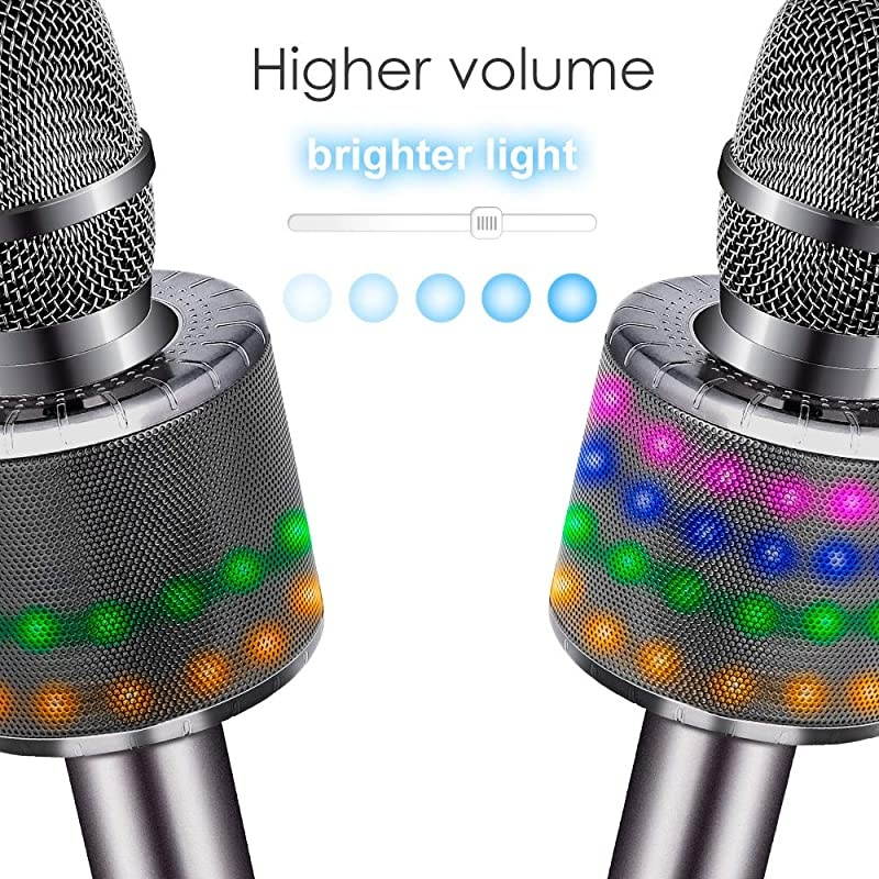 Wireless Bluetooth Karaoke Microphone with Controllable LED Lights Portable Handheld Karaoke Speaker Machine Christmas Birthday Home Party for AndroidiPhonePC or All SmartphoneSpace Gray