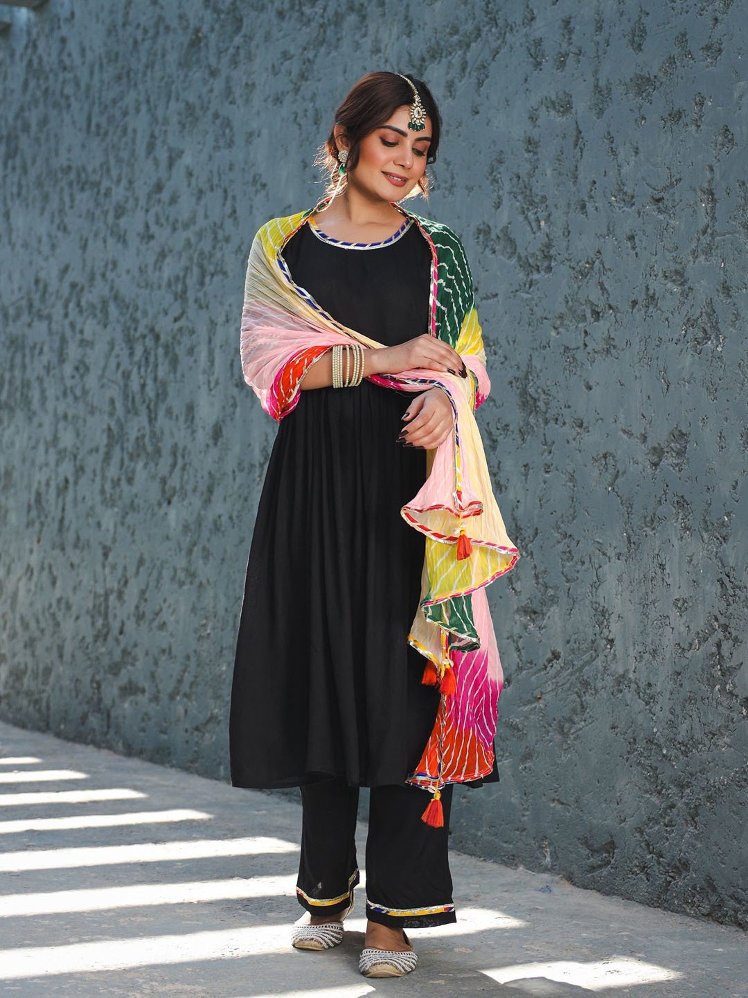 Thread and Button Rayon Emily Black Suit with Multicolour Dupatta