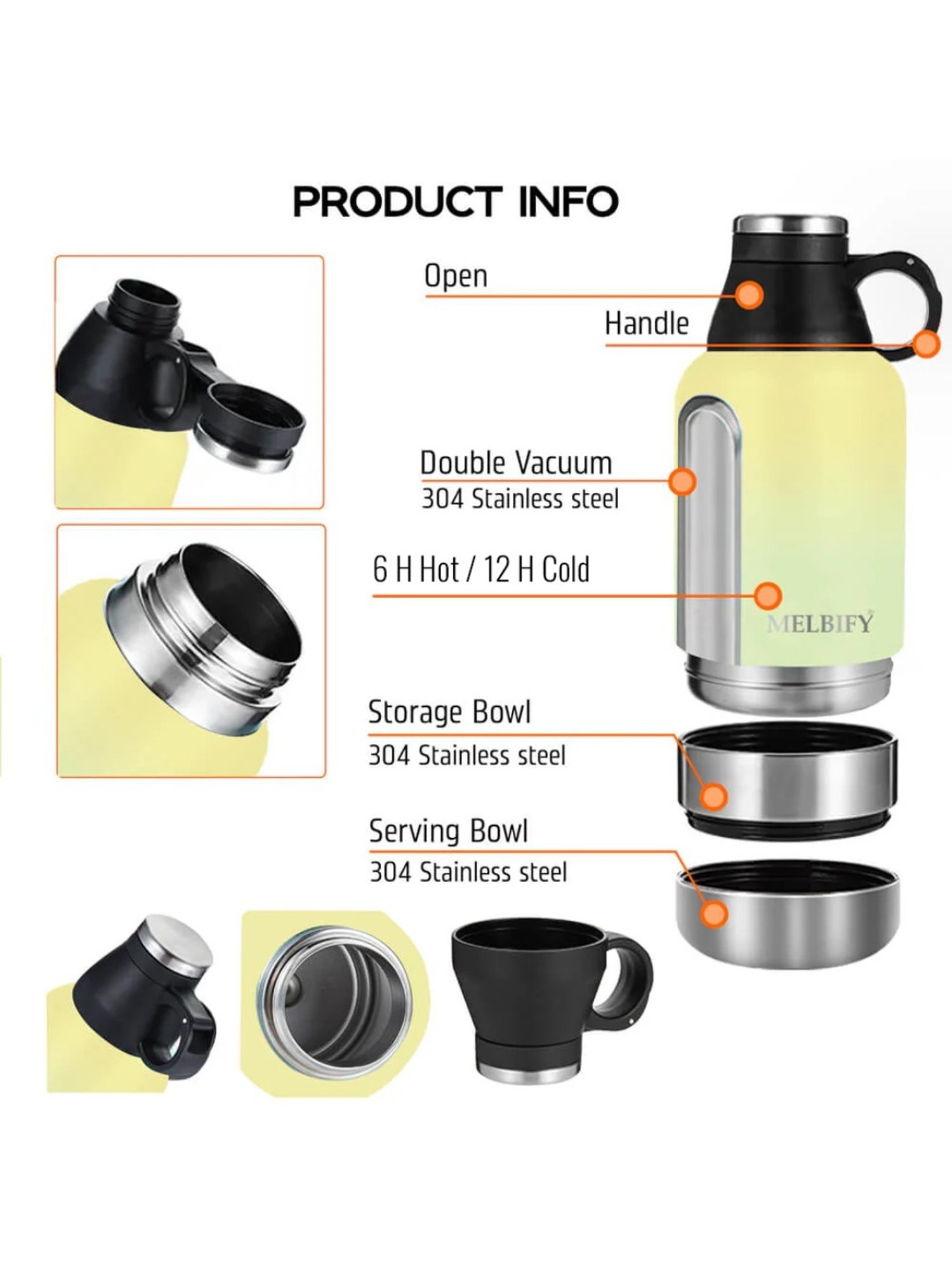Melbify 3-in-1 Thermos Flask Yellow ThermoSteel Water Bottle (1L)