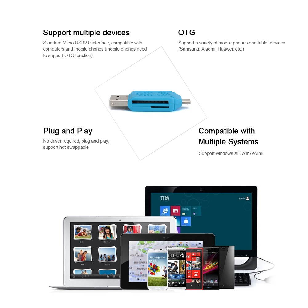 Multifunctional Card Reader USB A Micro USB 2-in-1 OTG Card Reader Support SD/TF Card for Phone PC Laptop Black