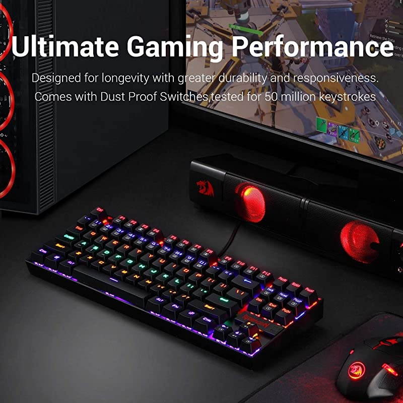 K552 Mechanical Gaming Keyboard RGB LED Rainbow Backlit Wired Keyboard with Red Switches for Windows Gaming PC 87 Keys Black