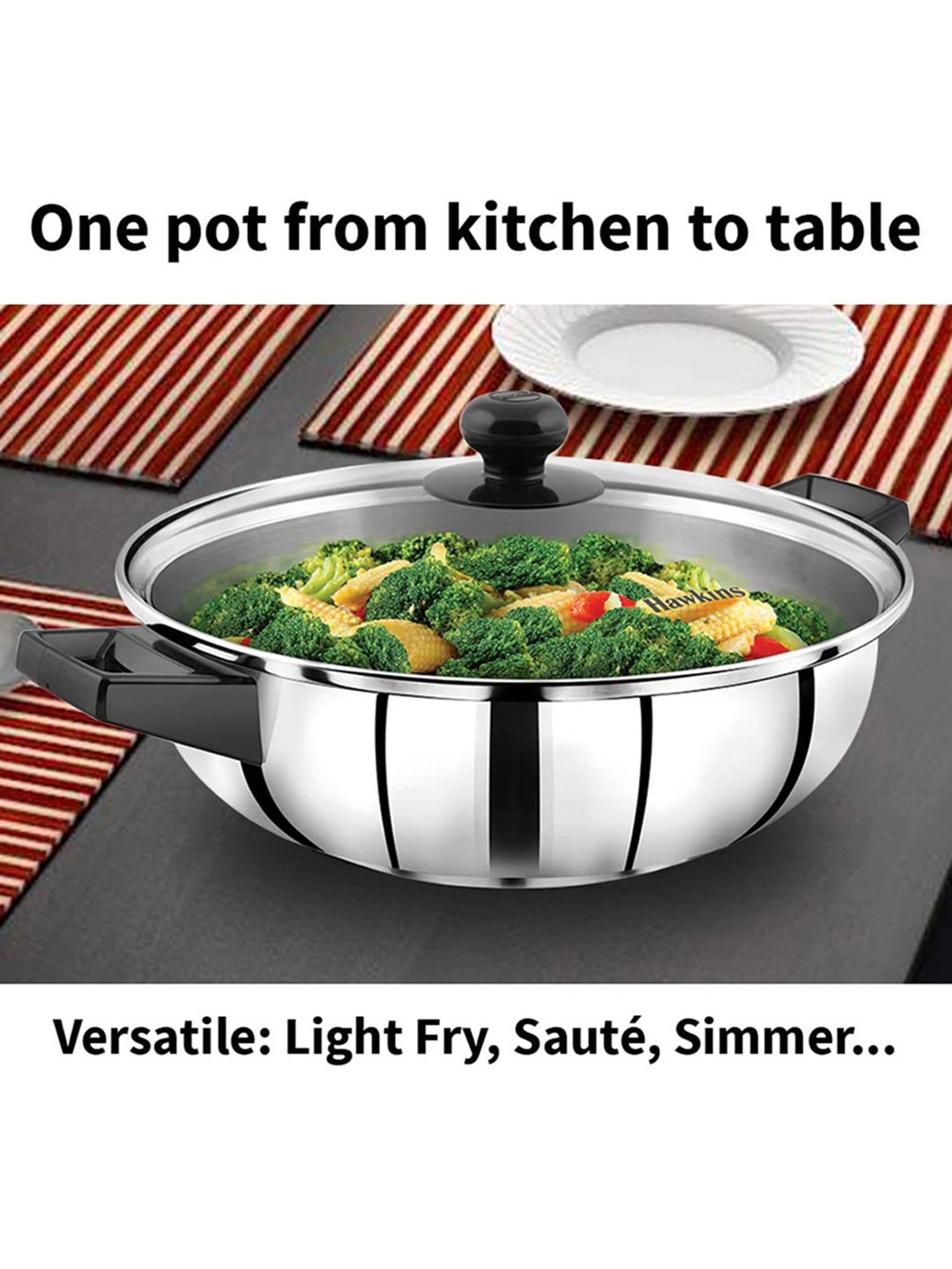 Hawkins Silver Stainless Steel Frying Pan with Glass Lid - 3 Litre