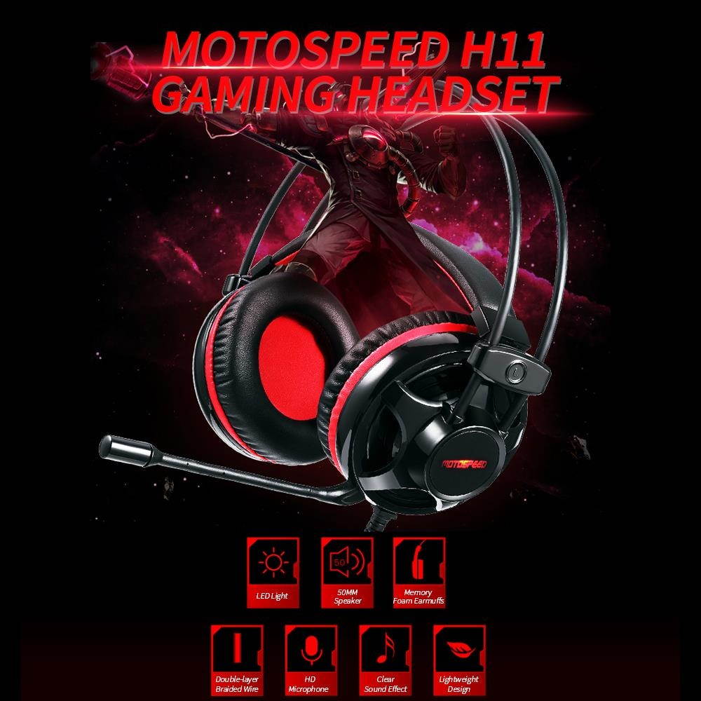 Motospeed H11 Wired Headset Gaming Headset with 50mm Driver Unit Noise Reduction Microphone LED Light Breathable Earmuffs